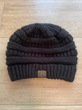 Black Knit Ribbed Beanie with CC Patch
